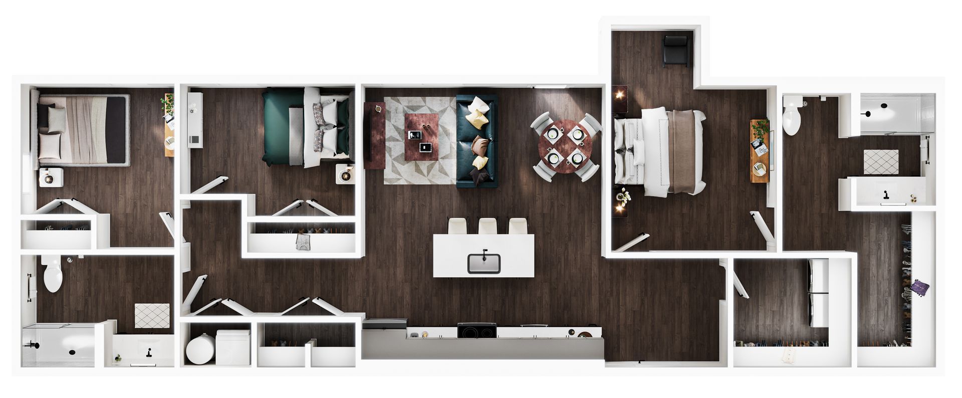 Floor plan of a luxury apartment featuring an open kitchen, living area, three bedrooms, and two bathrooms.