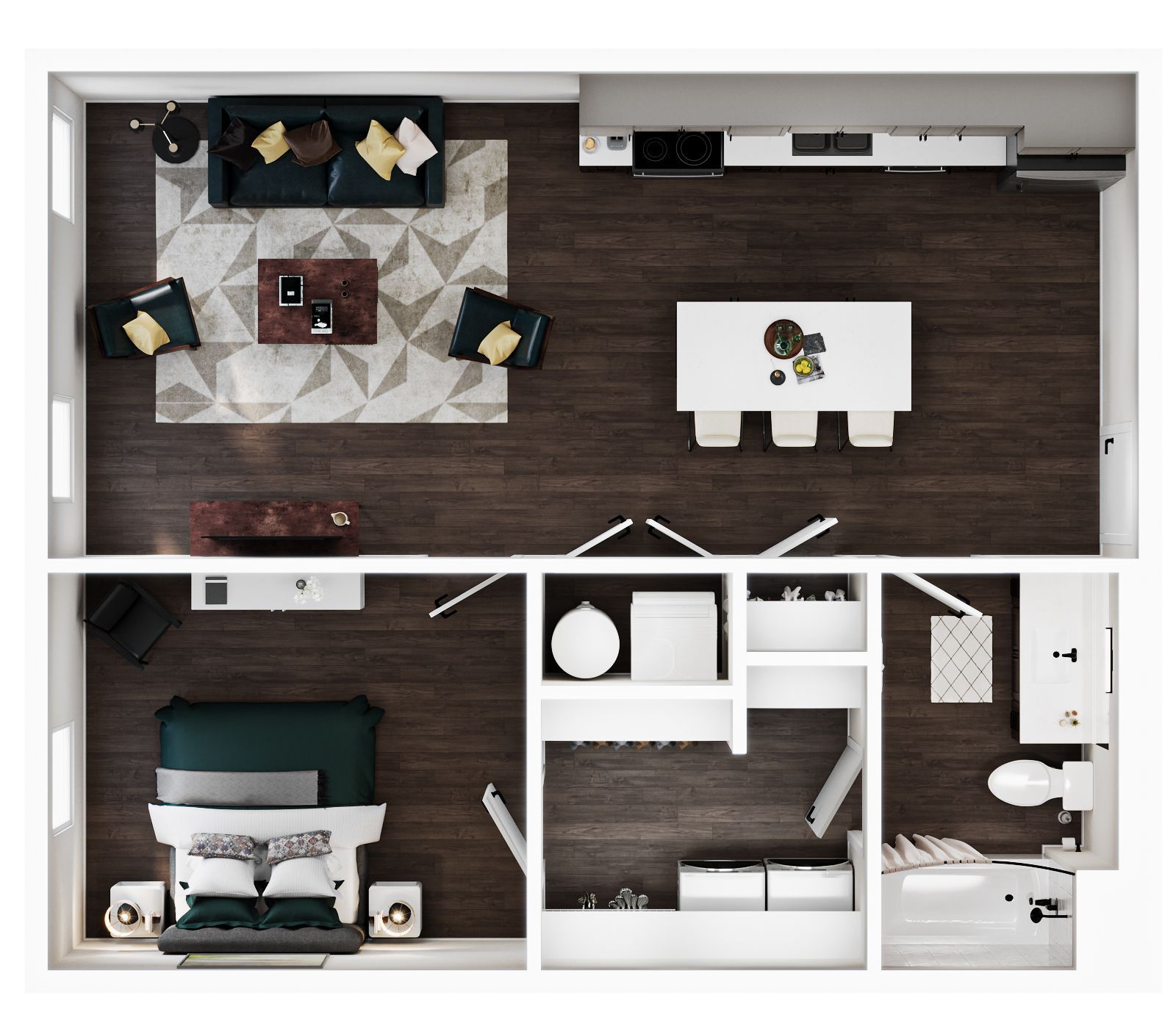 Top-down floor plan showing a modern apartment layout with a living room, kitchen, dining area, bedroom, and bathroom.