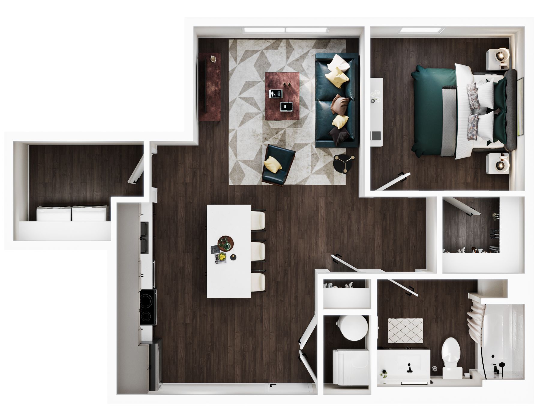 Floor plan of a one-bedroom apartment showing a living area, kitchen with island, bathroom, and bedroom with a closet.