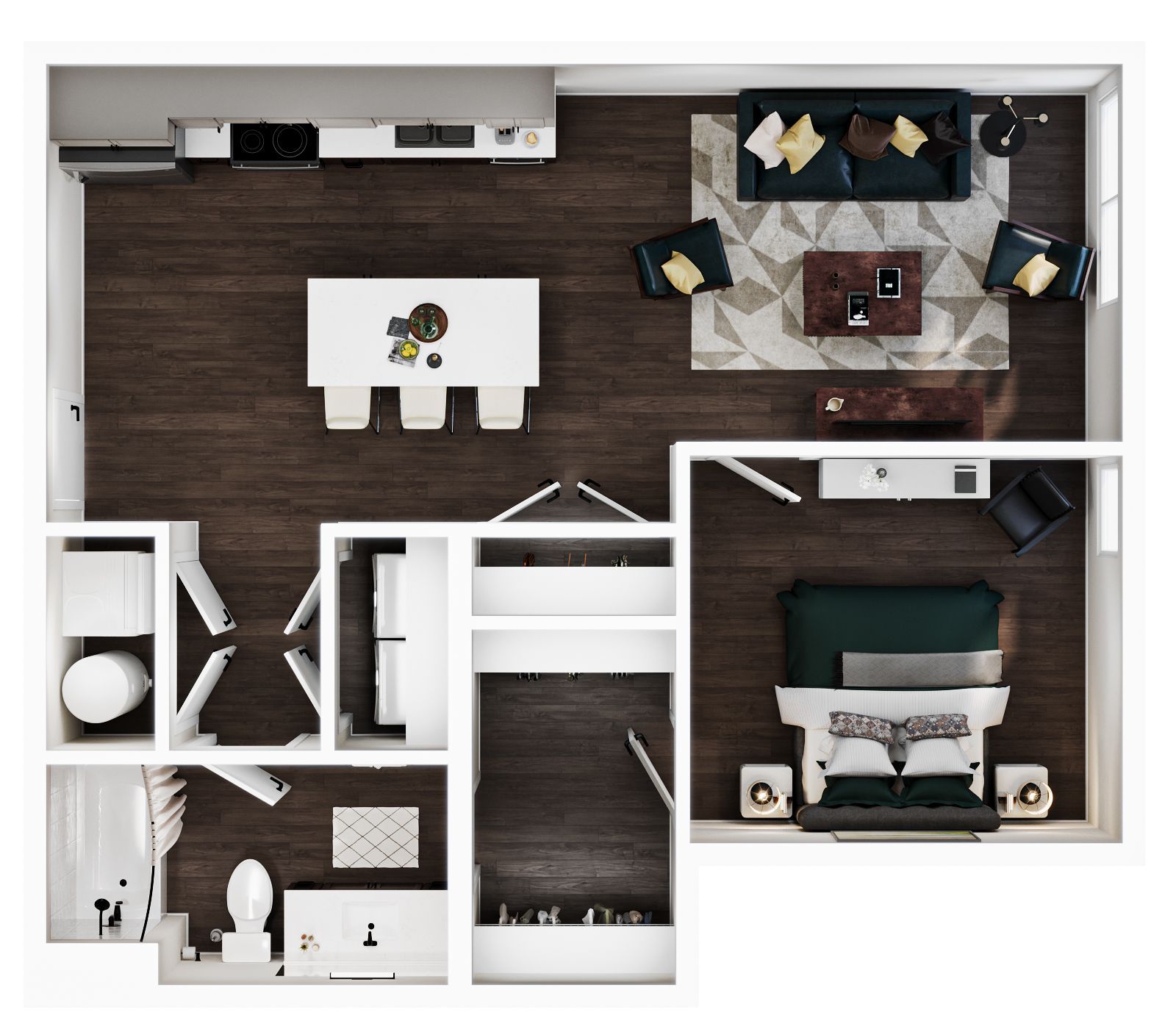 A 2D floor plan of a one-bedroom apartment with a kitchen, dining area, living room, bathroom, laundry, and walk-in closet.