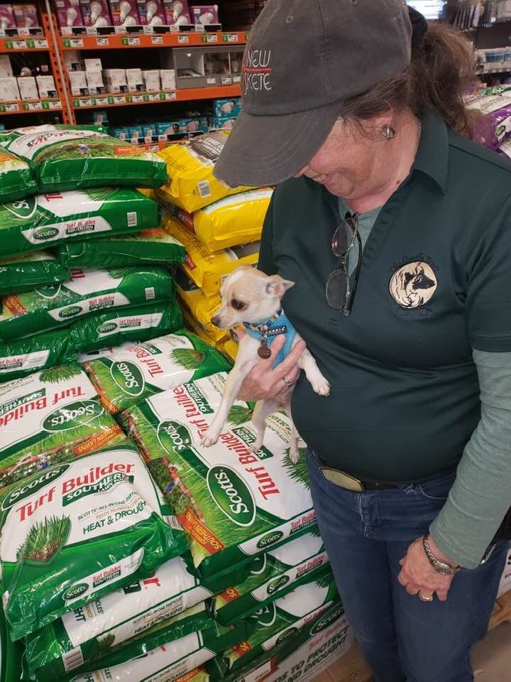 A Woman Holding A Small Dog In Front Of Bags Of Scotts Turf Builder