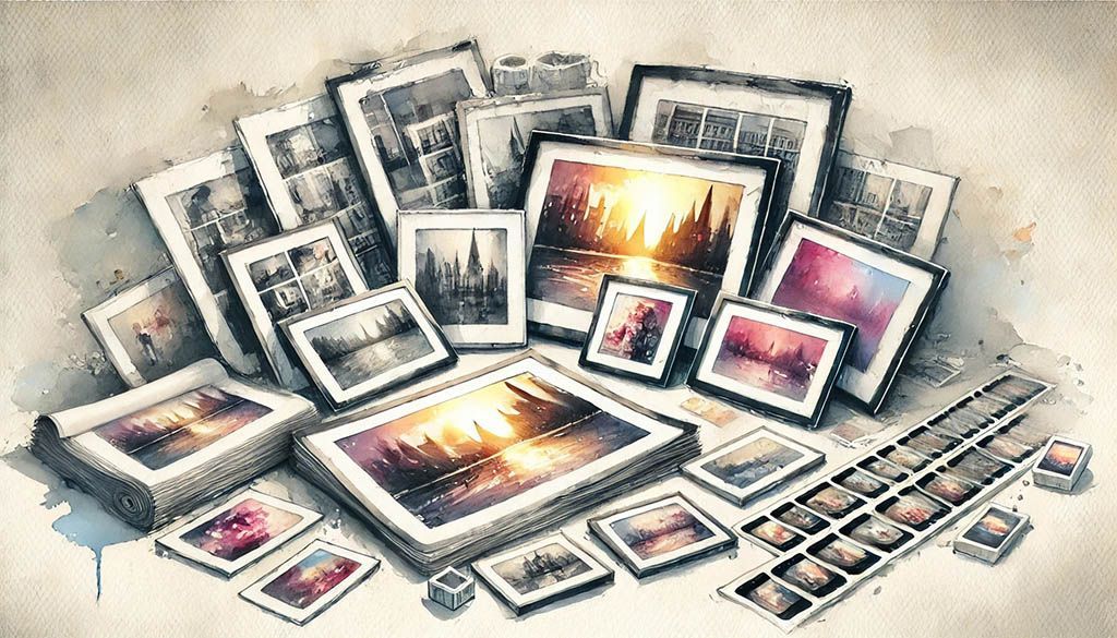 A watercolor illustration of various photo print sizes arranged artistically, showcasing the differe