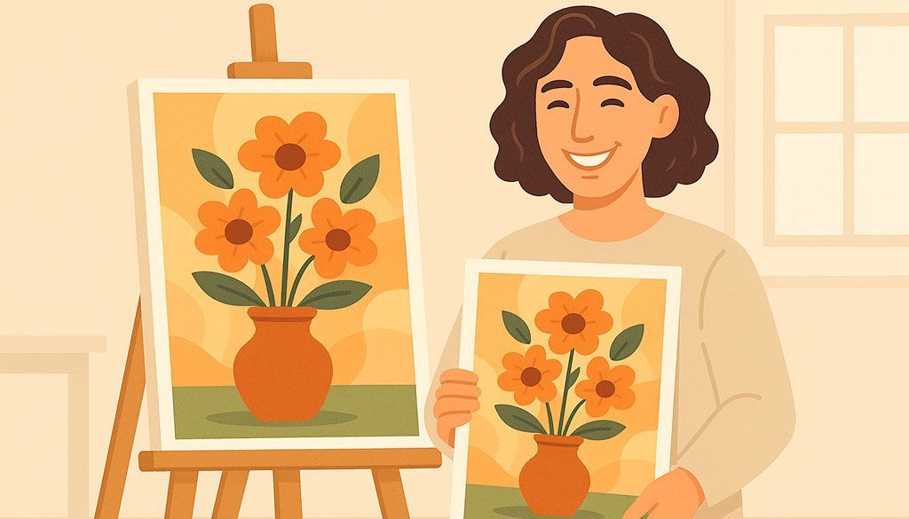 Vector illustration of an artist proudly holding a print beside their original painting on an easel.
