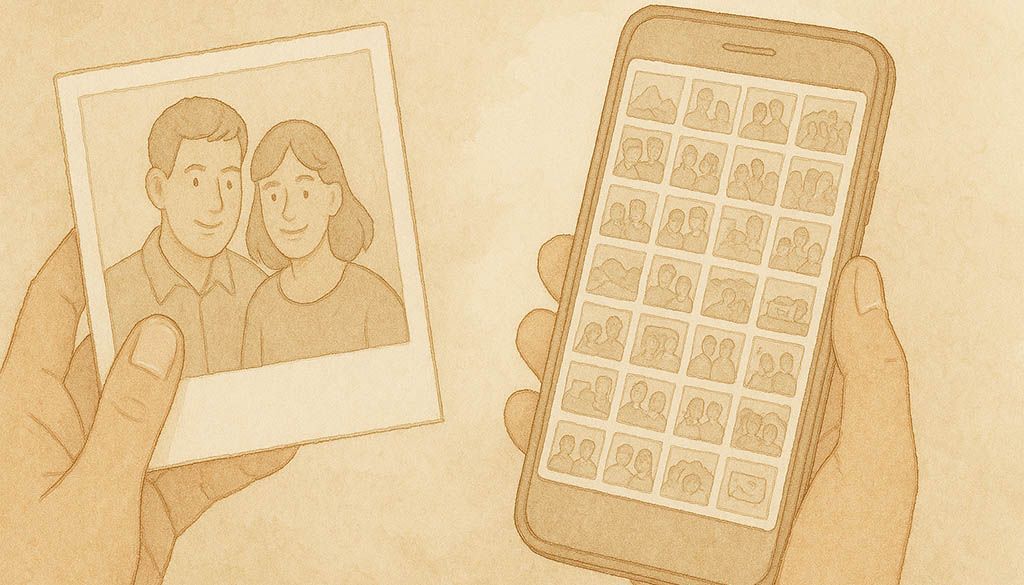 Watercolor illustration of a person holding a printed photo beside a phone screen full of thumbnails