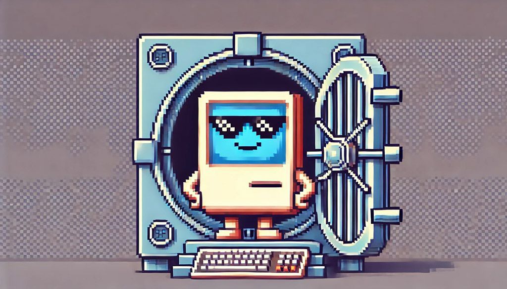 8-bit pixel art of a cool computer guarding a secure digital vault.