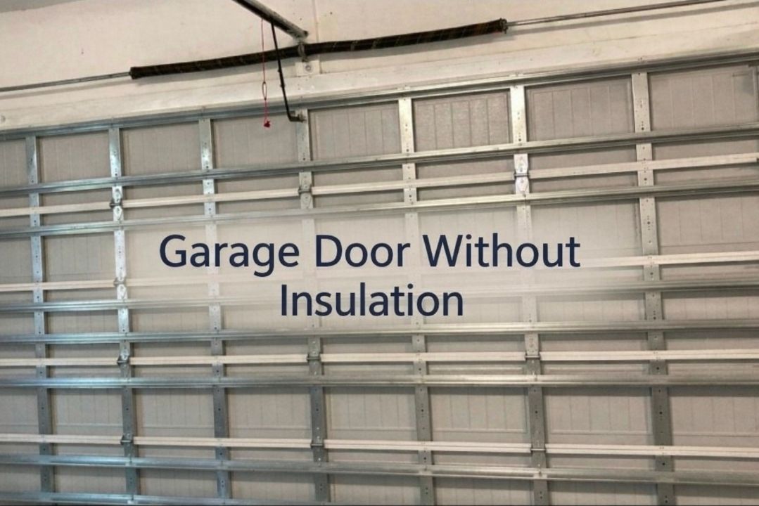 A picture of a garage door with no insulation.