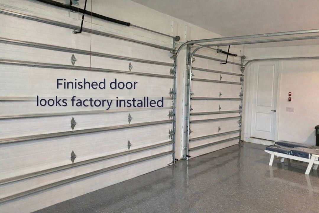A garage with a finished door with 2 layers of radiante barrier
