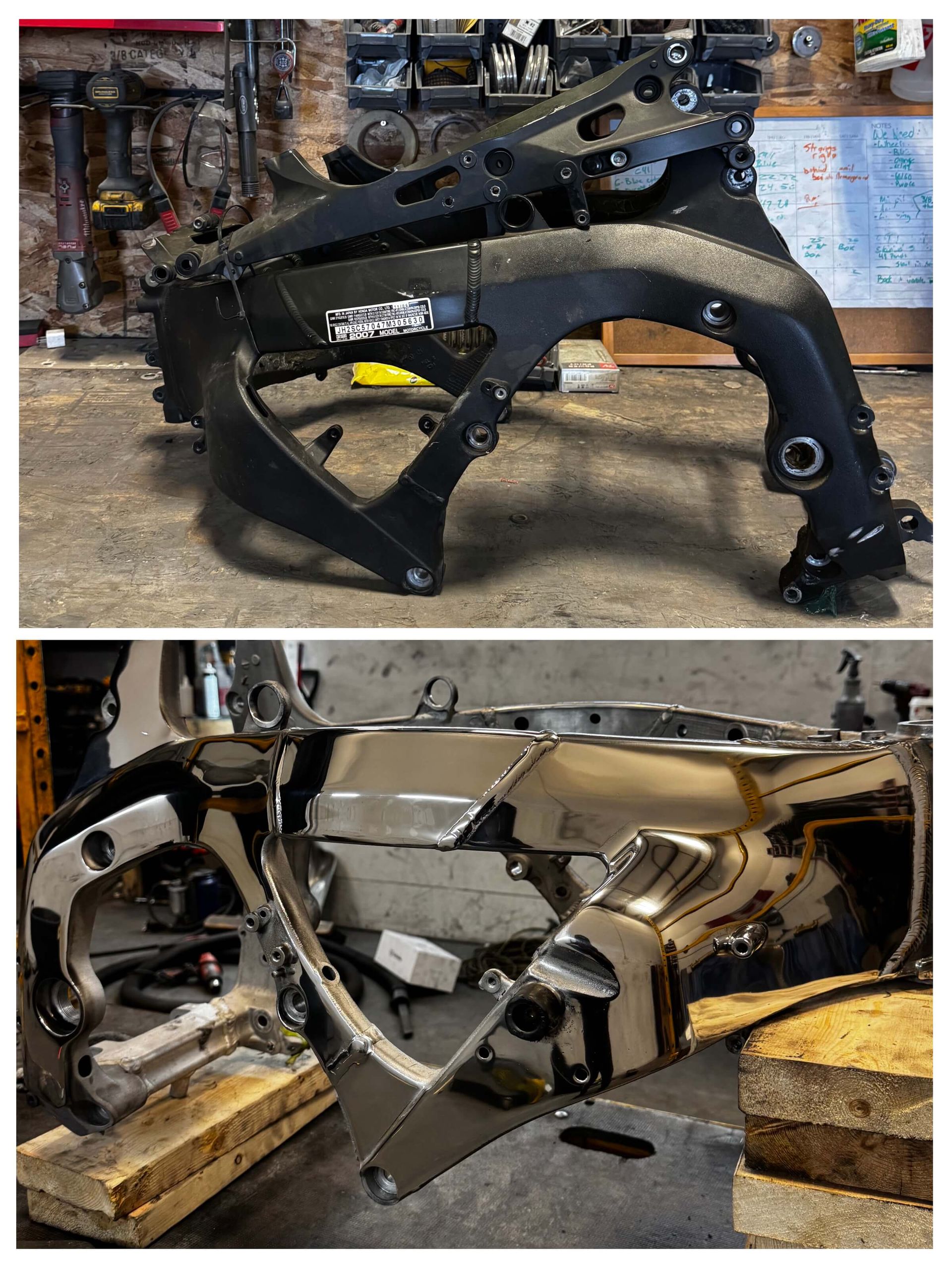 Motorcycle Frame and Swing Arm Polished by Alberta Metal Polishing in Nisku