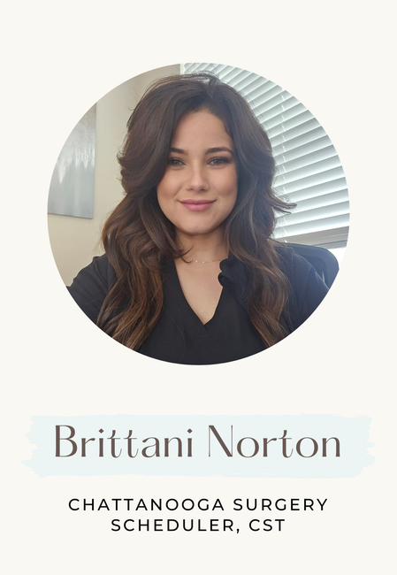 Brittani Norton, surgery scheduler, with wavy brown hair, in an office setting.