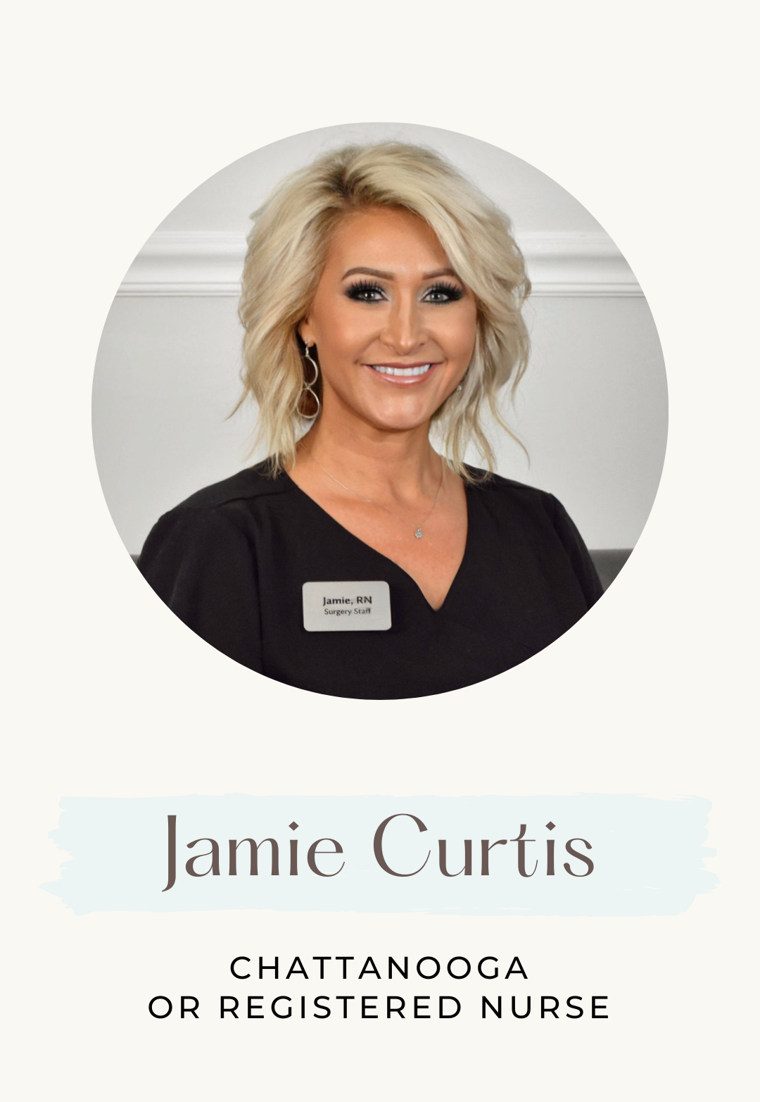Jamie Curtis, a registered nurse in Chattanooga, smiles in a headshot; she has blonde hair and wears a black top.