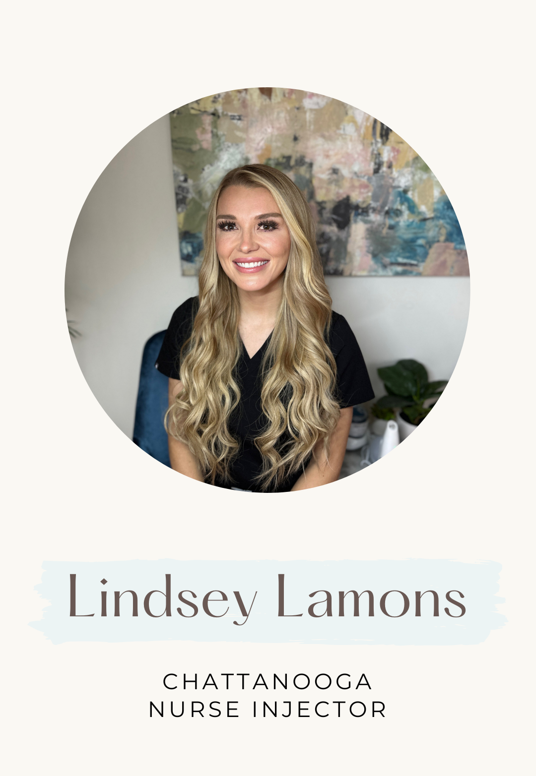 Lindsey Lamons, Chattanooga Nurse Injector, smiling blonde woman, with long wavy hair, in a black top.