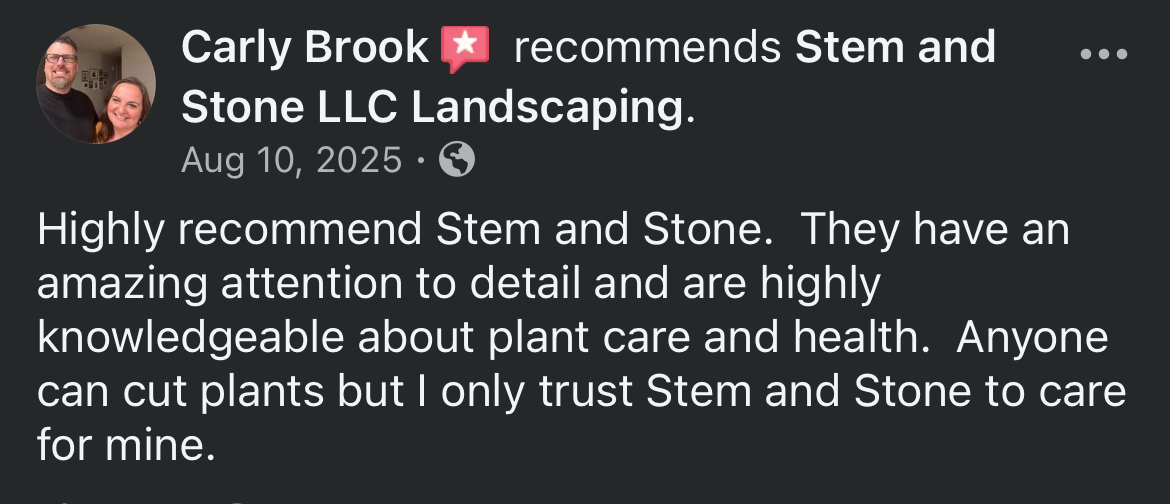 Facebook post from Carly Brook recommending Stem and Stone LLC Landscaping, with a 5-star rating and review text.