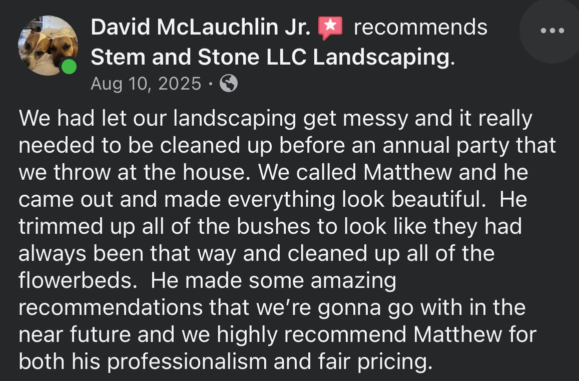 Facebook review recommending Stone LLC Landscaping for yard cleanup and lawn care, with a positive testimonial text screenshot