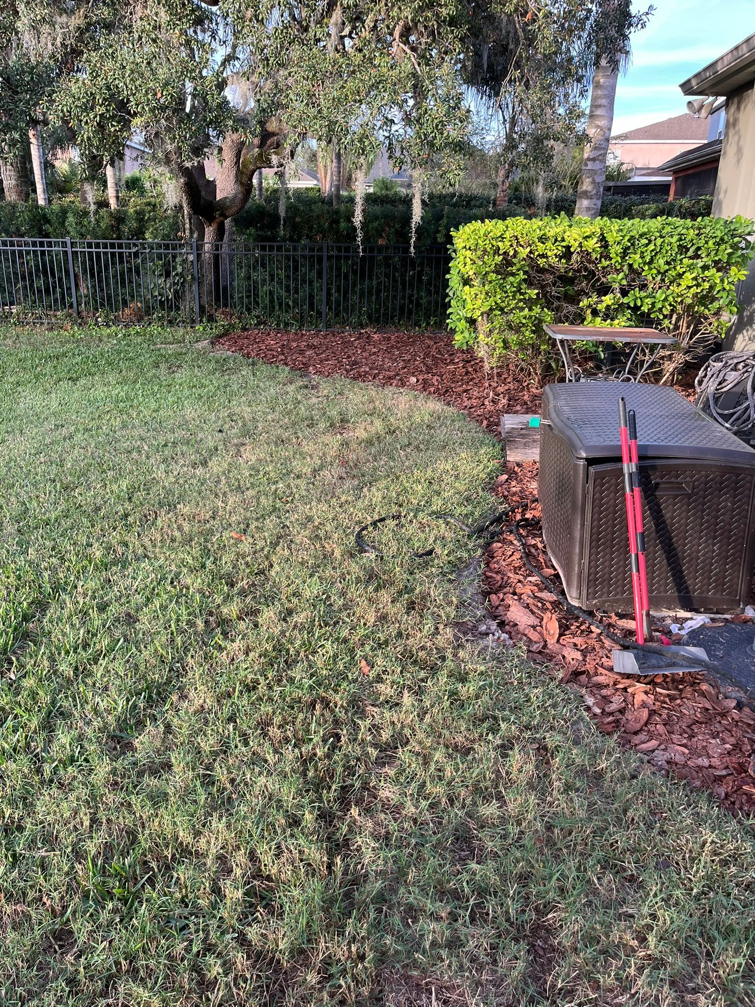 Backyard lawn with hedge, fence, and a gray utility box beside a red hand truck