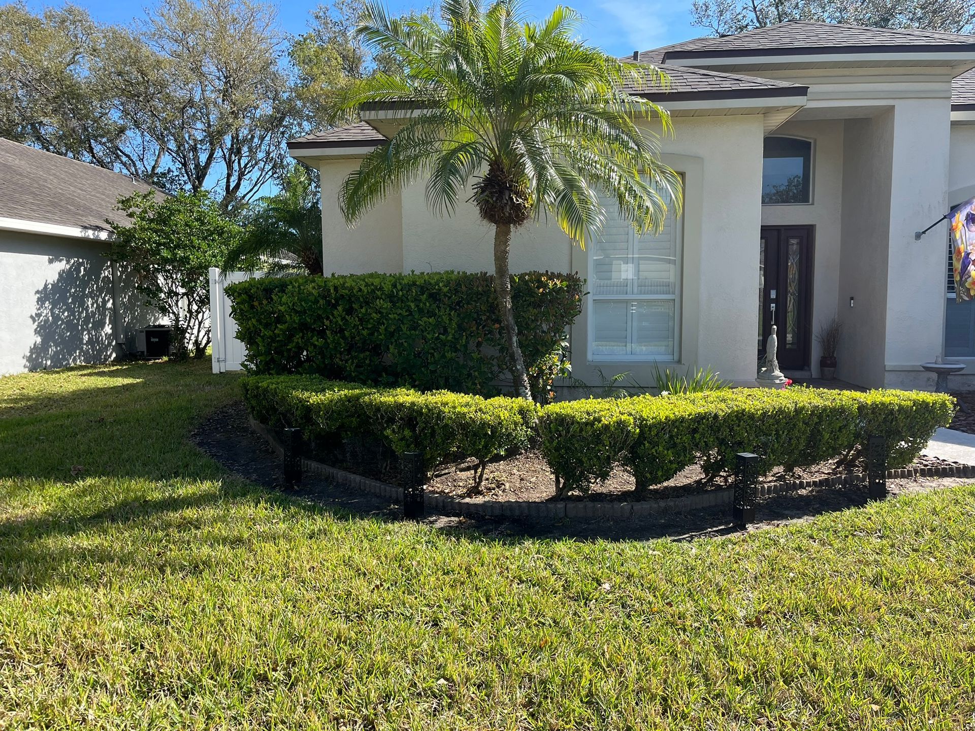 Single-story white house with a trimmed hedge, small palm tree, and green lawn in front.