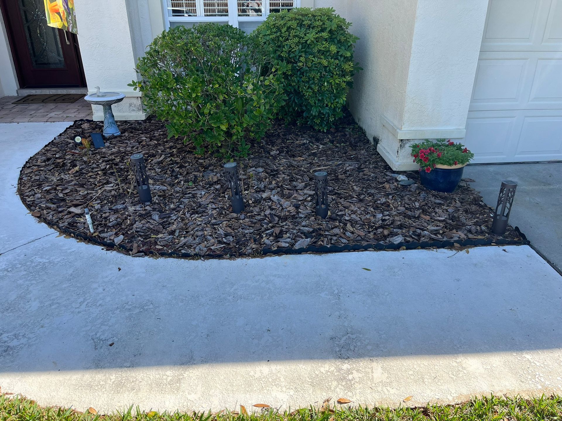 Front yard mulch bed with two green shrubs by a house walkway and a potted plant near the garage.