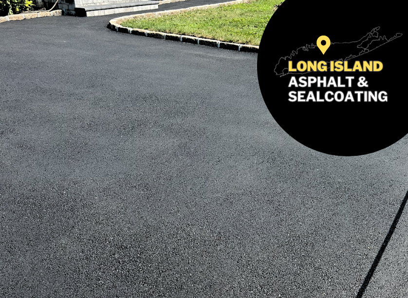 Black asphalt driveway with a logo for Long Island Asphalt & Sealcoating.