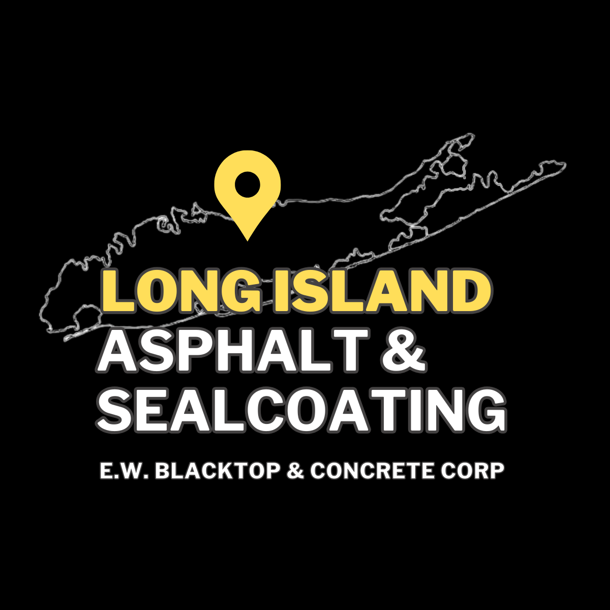 Logo for Long Island Asphalt & Sealcoating; map outline with location marker, yellow and white text on black background.
