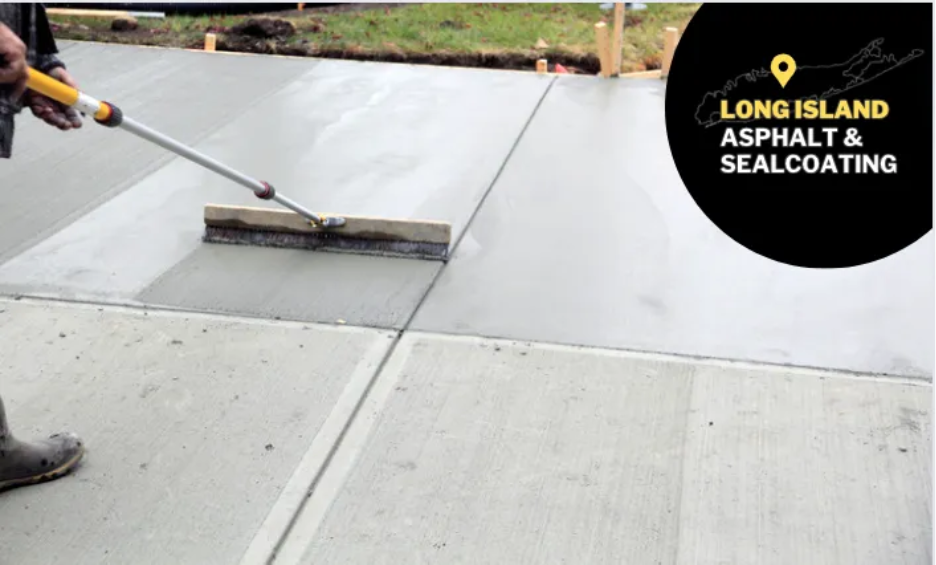 Worker smoothing wet concrete sidewalk with a squeegee. Long Island asphalt and sealcoating logo.
