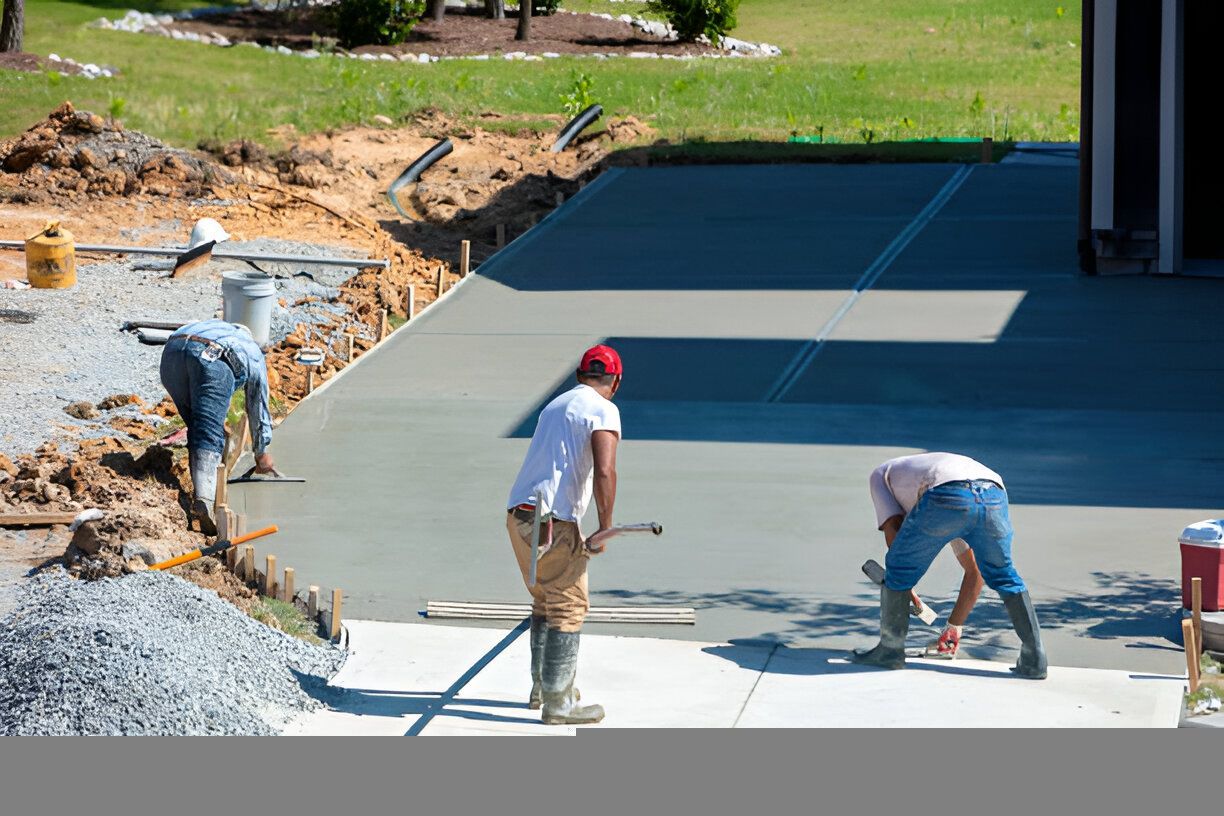 Construction workers pouring and smoothing wet concrete for a driveway.