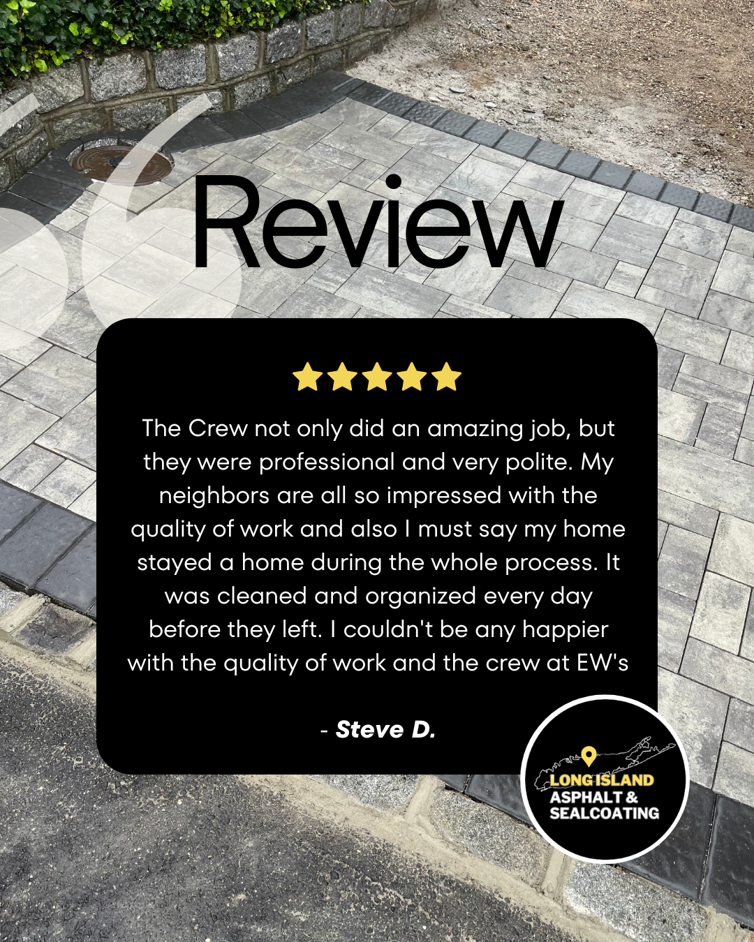 Review card with a five-star rating, customer quote, and company logo on a paved surface background.