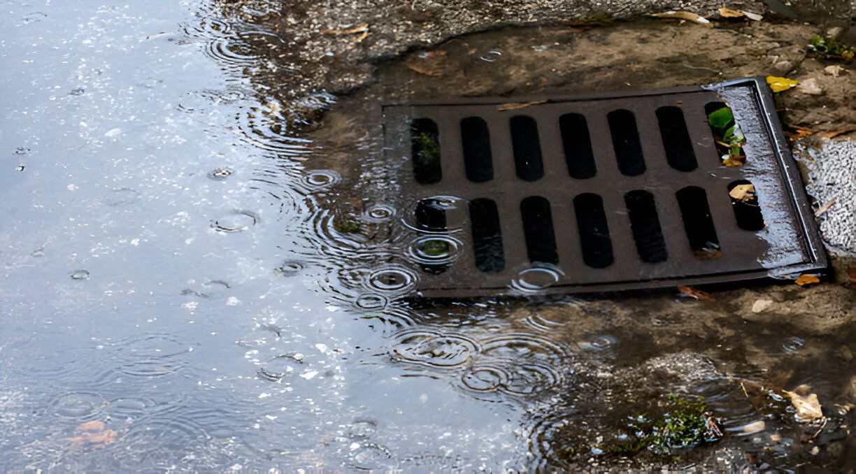 Puddle of water with raindrops near a metal storm drain on asphalt.