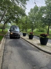 Black van on a tree-lined park road beside large flower planters