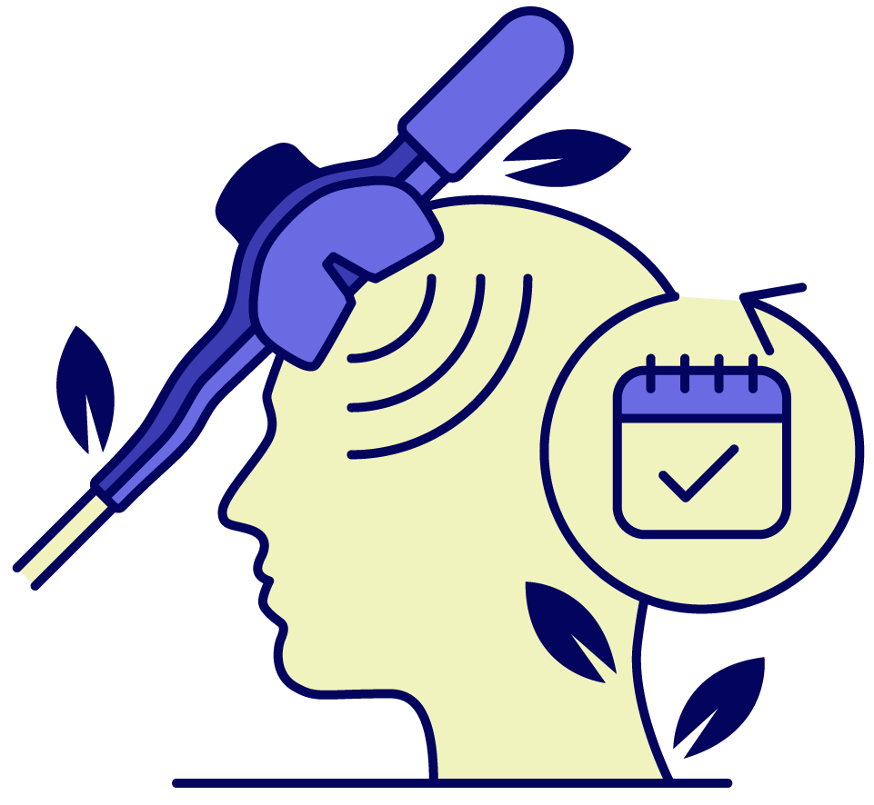 Illustration of a person with a device on their head, emitting waves, and a calendar icon with a check mark.