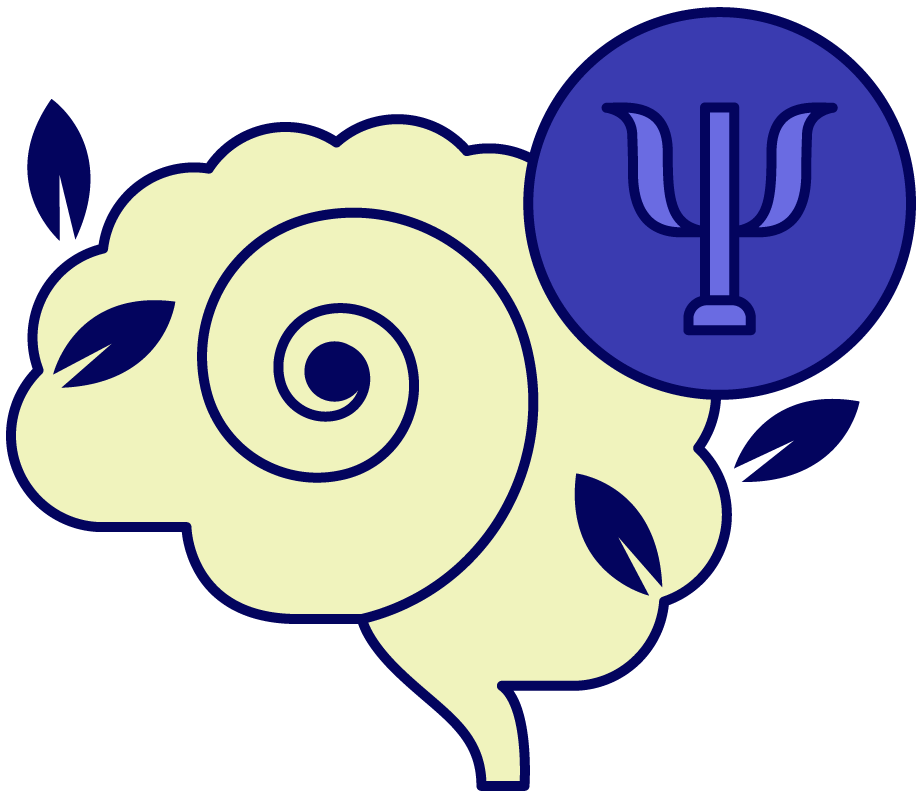 Light yellow brain with blue outline and leaves, blue psychology symbol.