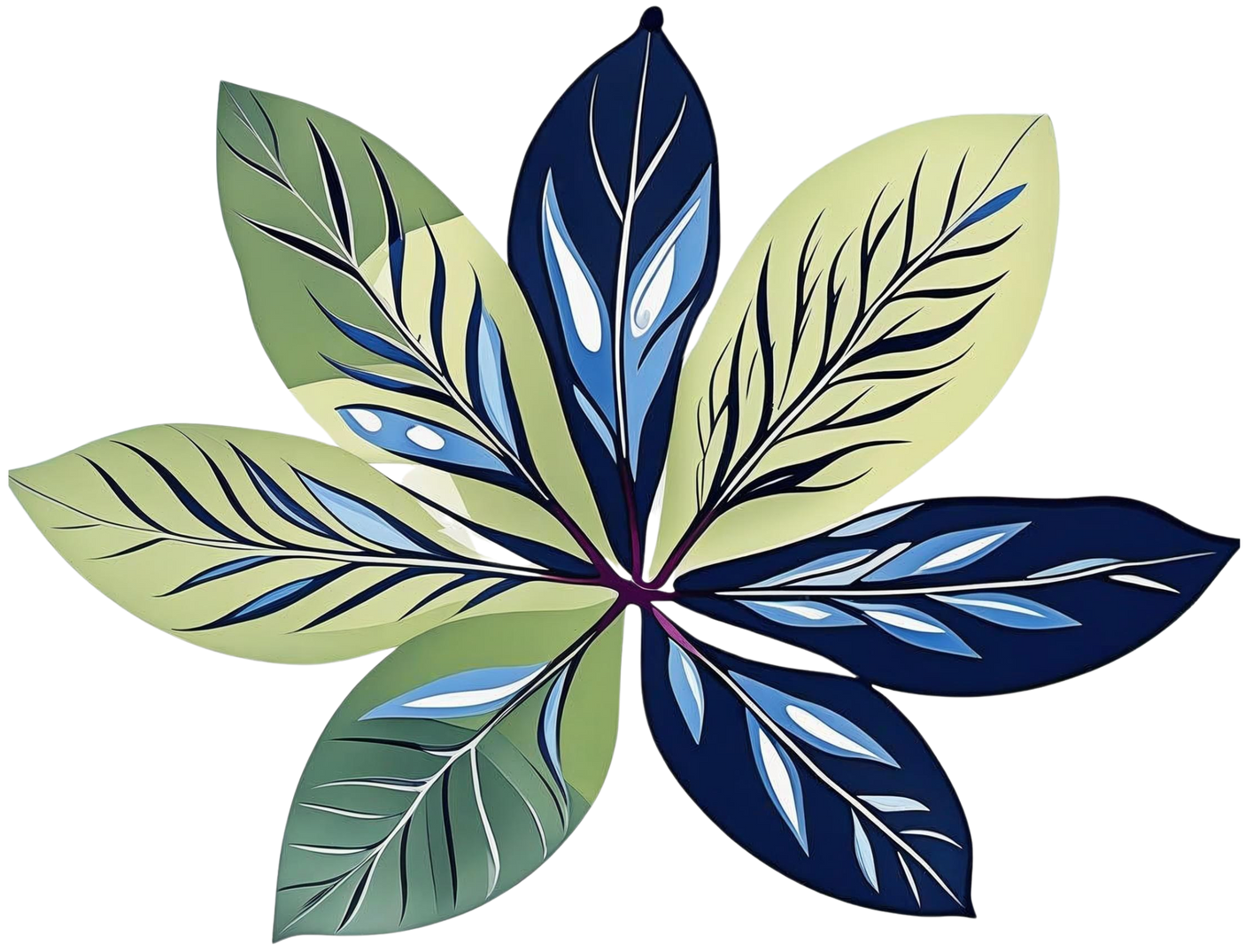 Stylized leaf arrangement with green, blue, and yellow hues.