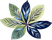 Stylized leaf arrangement in shades of green and blue, radiating from a central point.