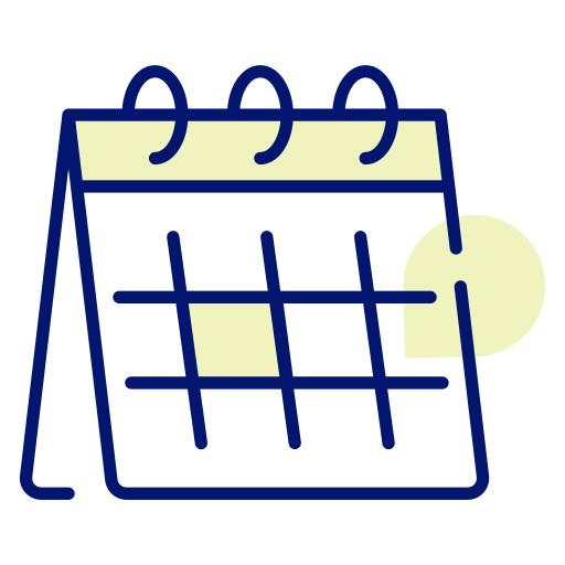 Calendar icon, blue outline with light yellow details, showing a schedule.