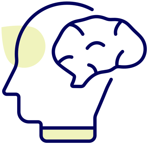 Profile of a head with a brain visible; blue outline, yellow accent.