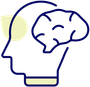 Outline of a head with a visible brain. Yellow and blue colors.