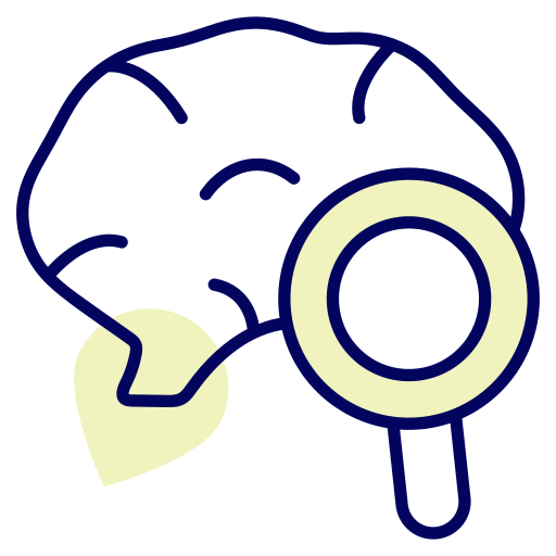 Brain with magnifying glass, yellow highlight.