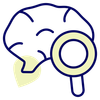 Brain with a magnifying glass over it; yellow highlights.