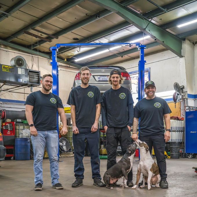 Four auto mechanics, two dogs in a garage, wearing black shirts | SK Mechanic