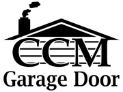 CCM Garage Door logo with house roof and chimney silhouette in black and gray