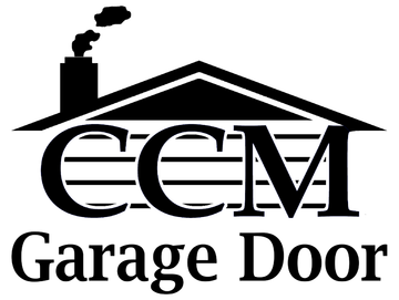 CCM Garage Door logo with house roof and chimney silhouette in black and gray