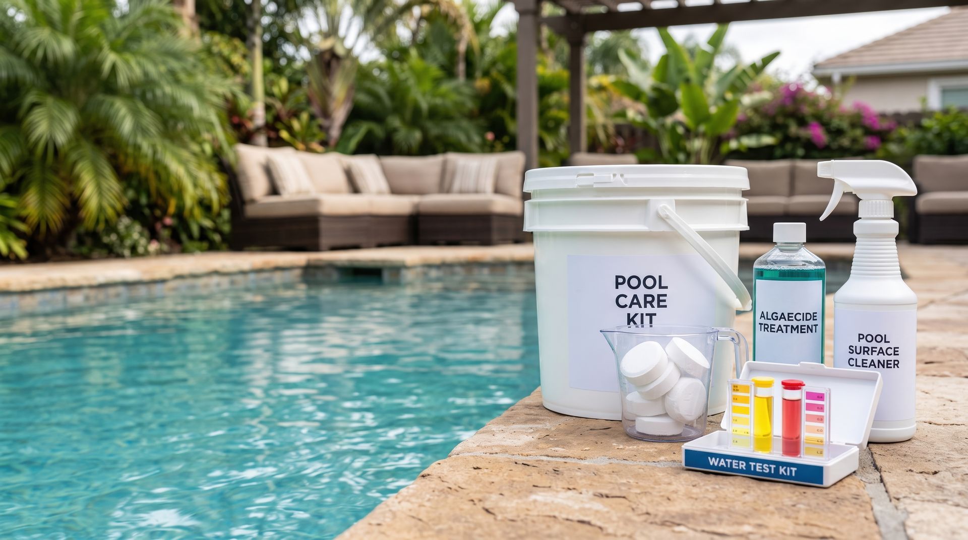 Swimming pool maintenance products, chlorine tablets, algaecide, and a water test kit set poolside.