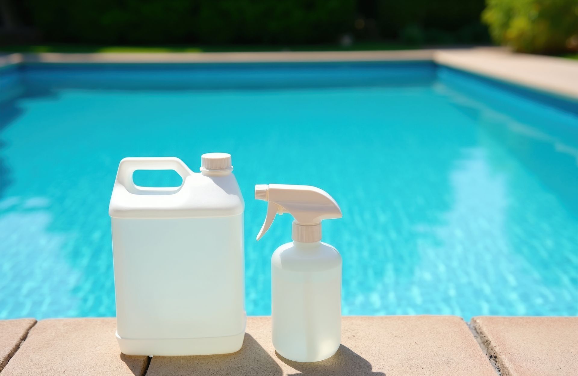 White pool-cleaning jugs by a turquoise swimming pool on a sunny deck. White pool-cleaning jugs by a turquoise swimming pool on a sunny deck.