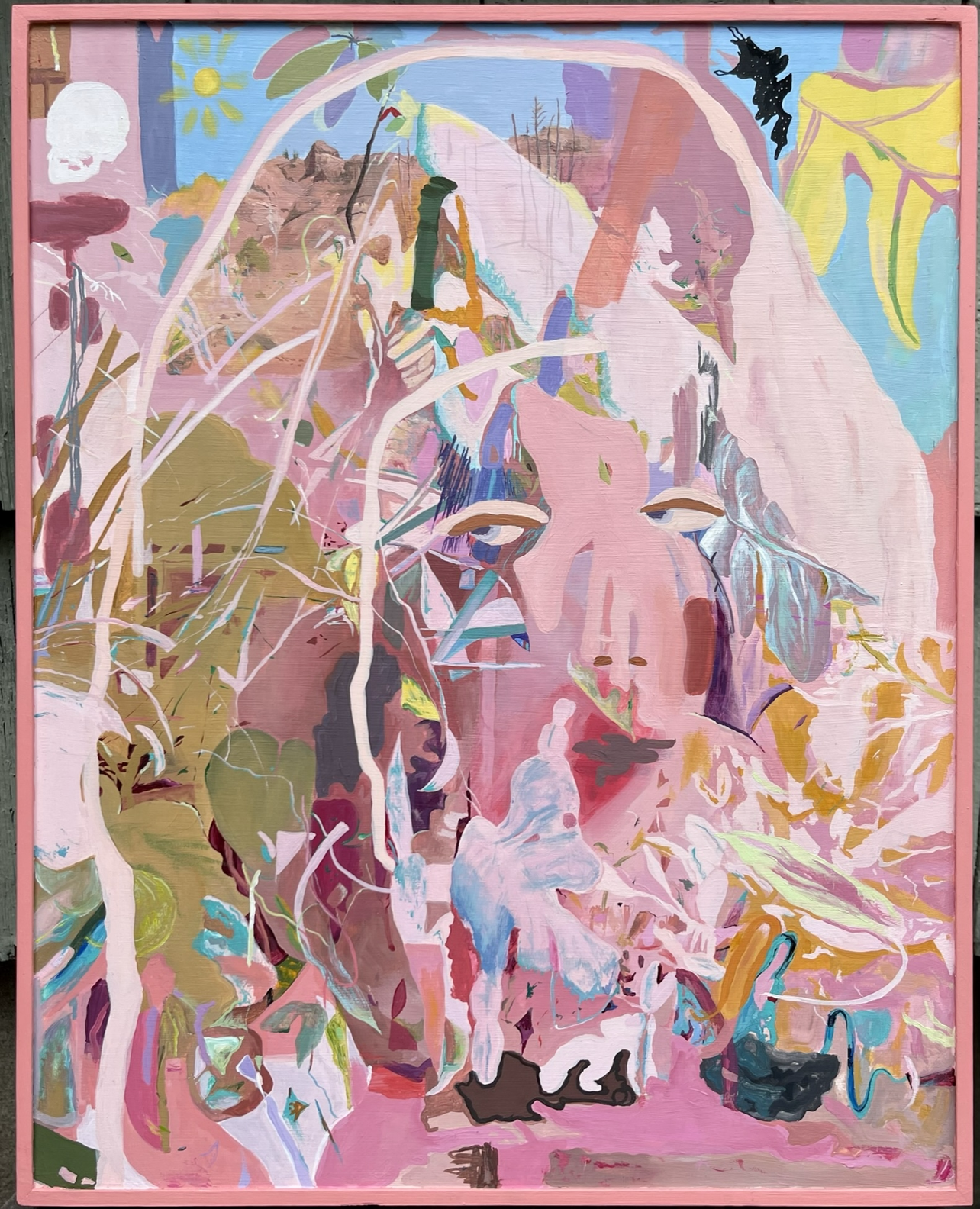 Pink and green abstract painting by Emily Wise; a figure amidst foliage. Hints of sky and buildings appear.