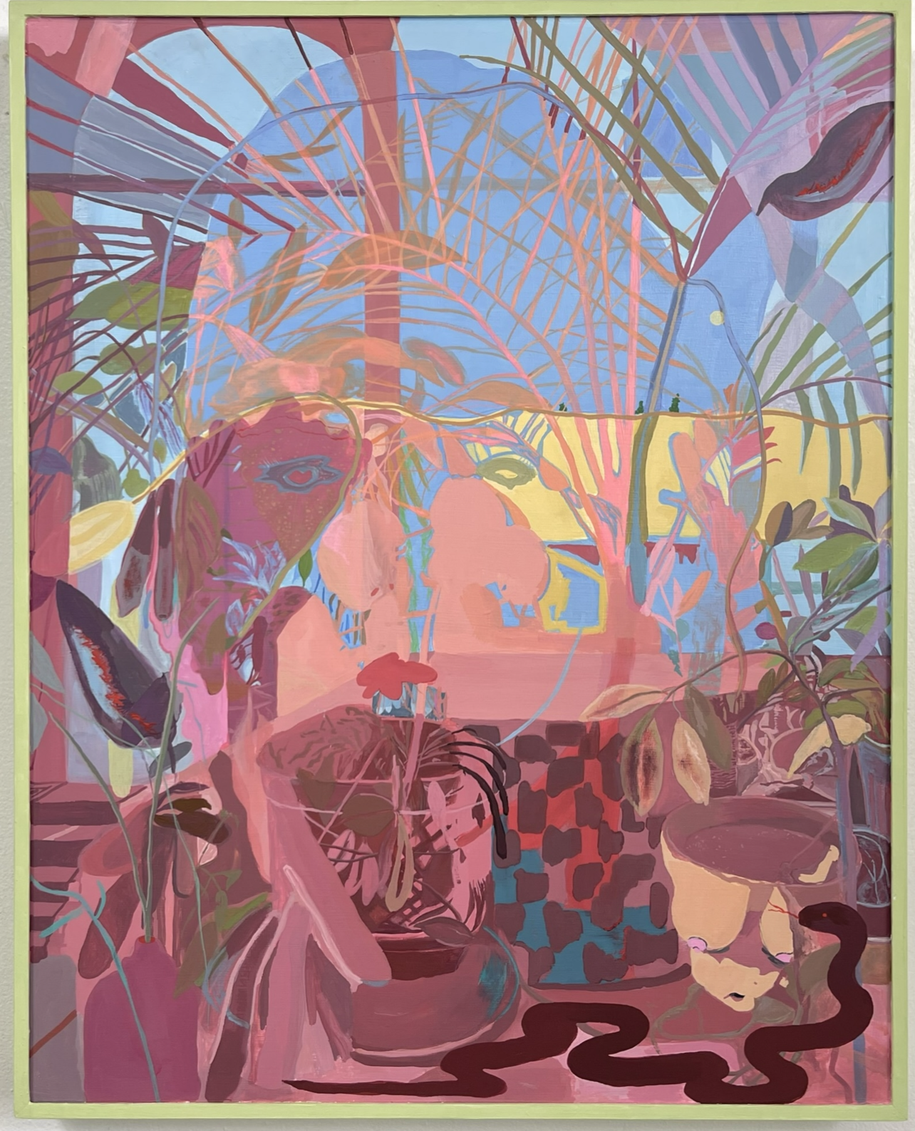 Painting  by Emily Wise of a greenhouse interior with plants, a grid-like window, and figures in soft, pink hues.