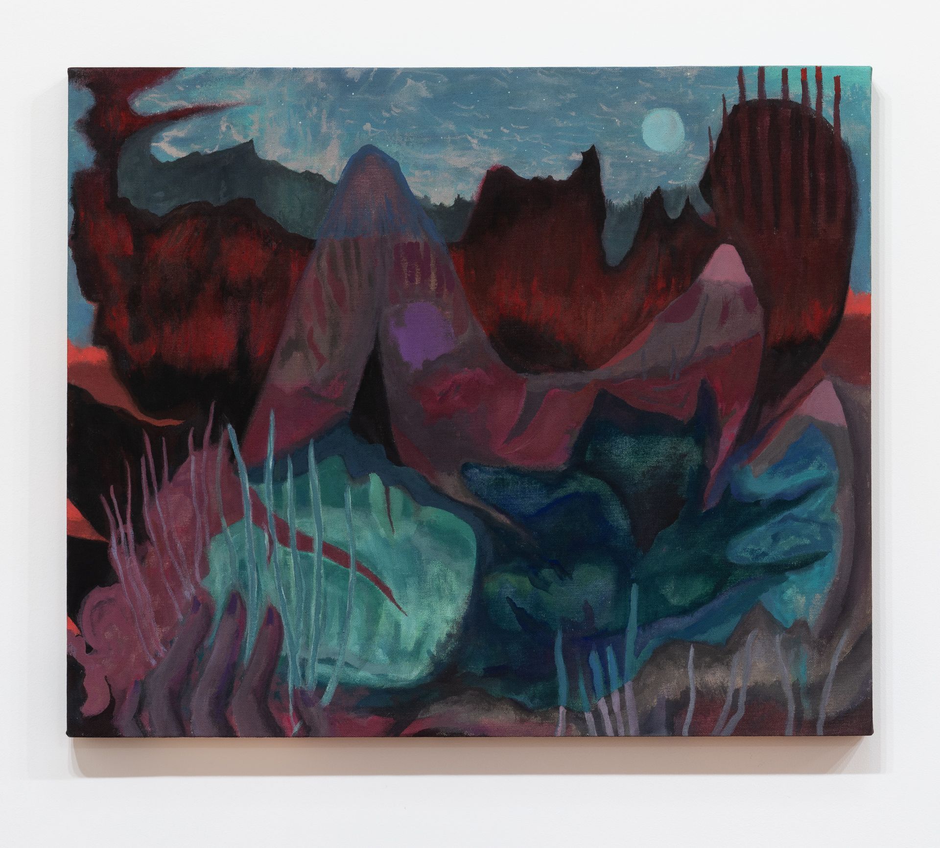An abstract painting by Emily Elizabeth Wise shows dark red mountains beneath a blue sky, with textured green foliage below.
