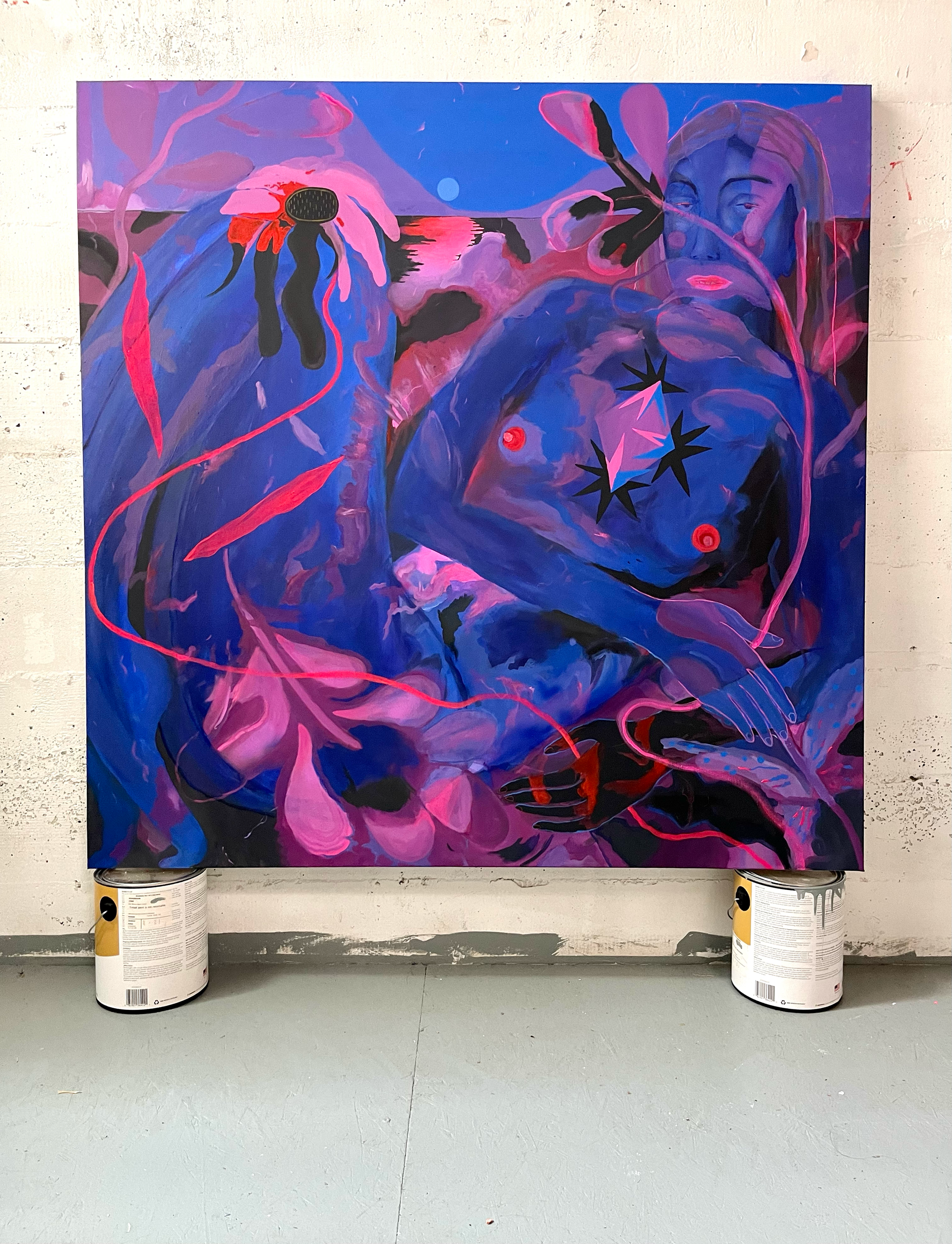 Painting  by Emily Wise of a reclining figure in shades of blue and pink, surrounded by flowers.