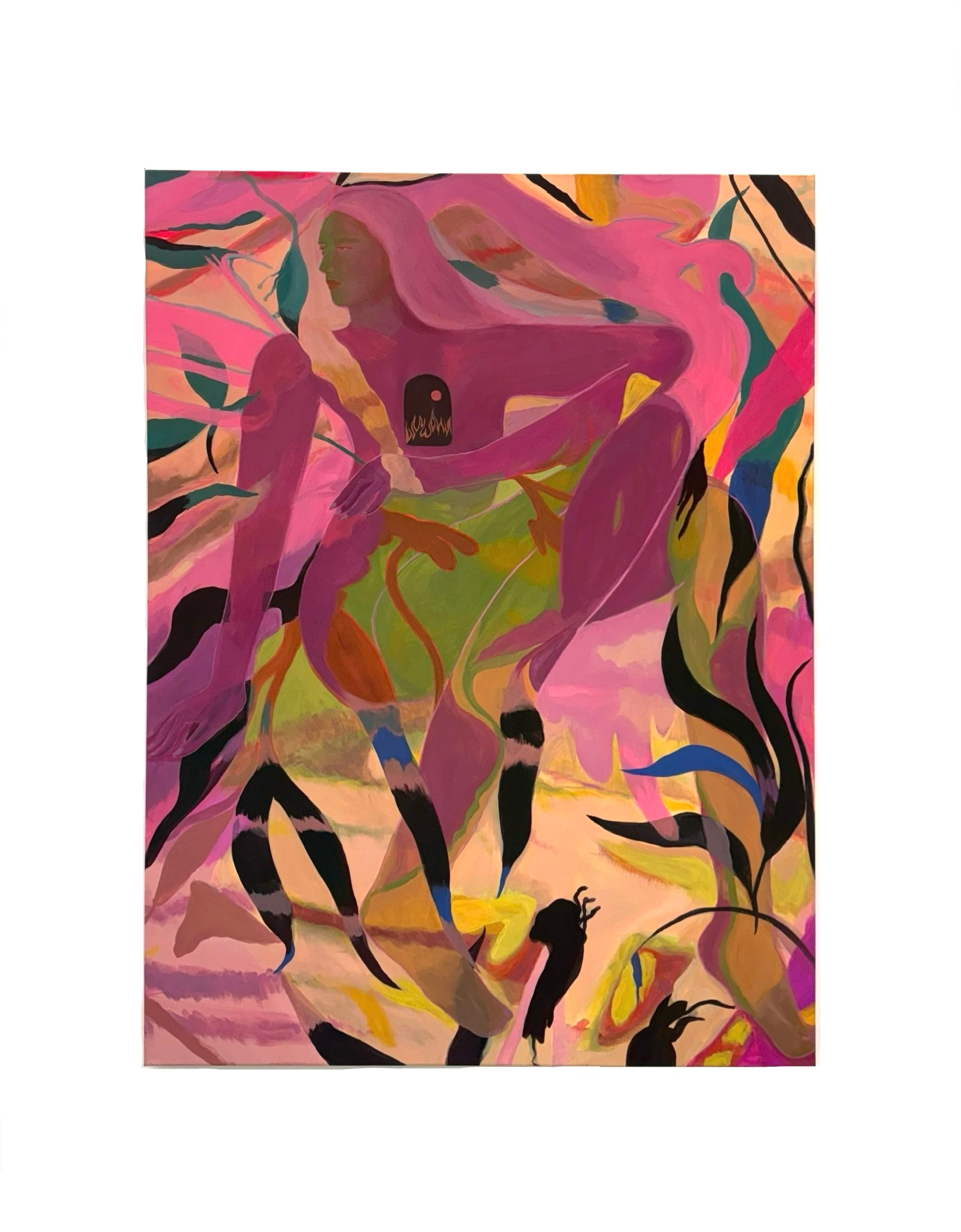 Pink and green abstract painting by Emily Wise of a figure surrounded by foliage.