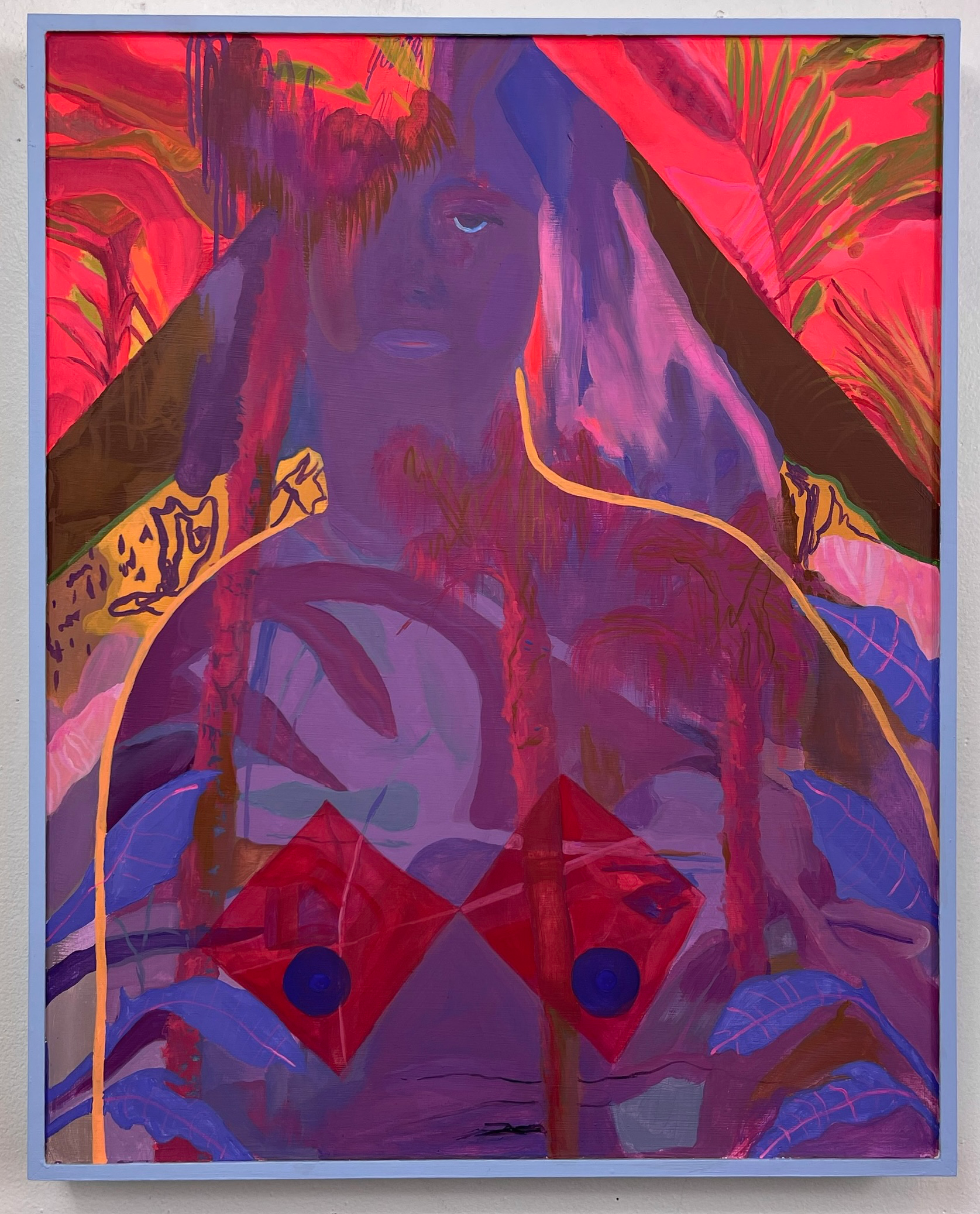 Purple figure with red diamond shapes on chest, against a vivid pink and green backdrop by Emily Wise. 