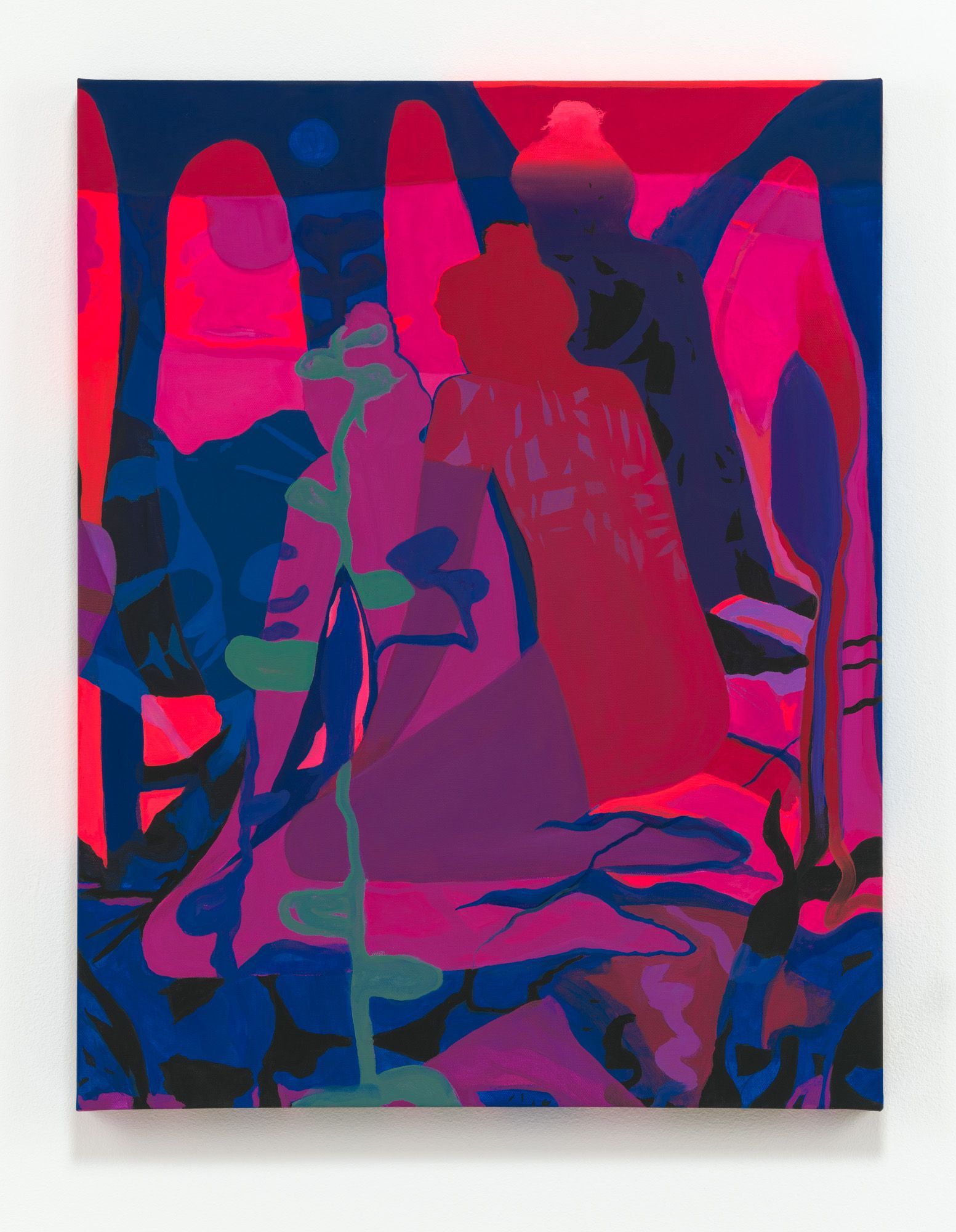 Abstract painting  by Emily Wise with neon pink, blue, and purple shapes. A figure or form is visible, possibly in a garden.