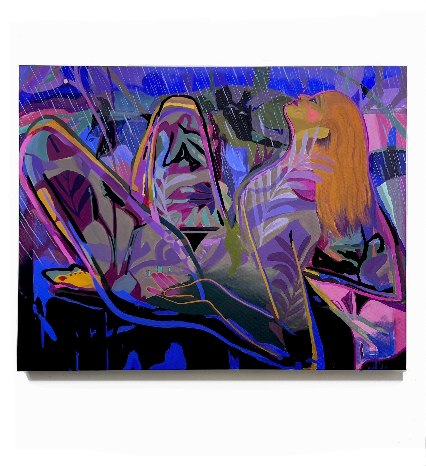 Woman reclines, looking upward. Purple, blue, and green abstract shapes with Rain, by Emily Wise. 