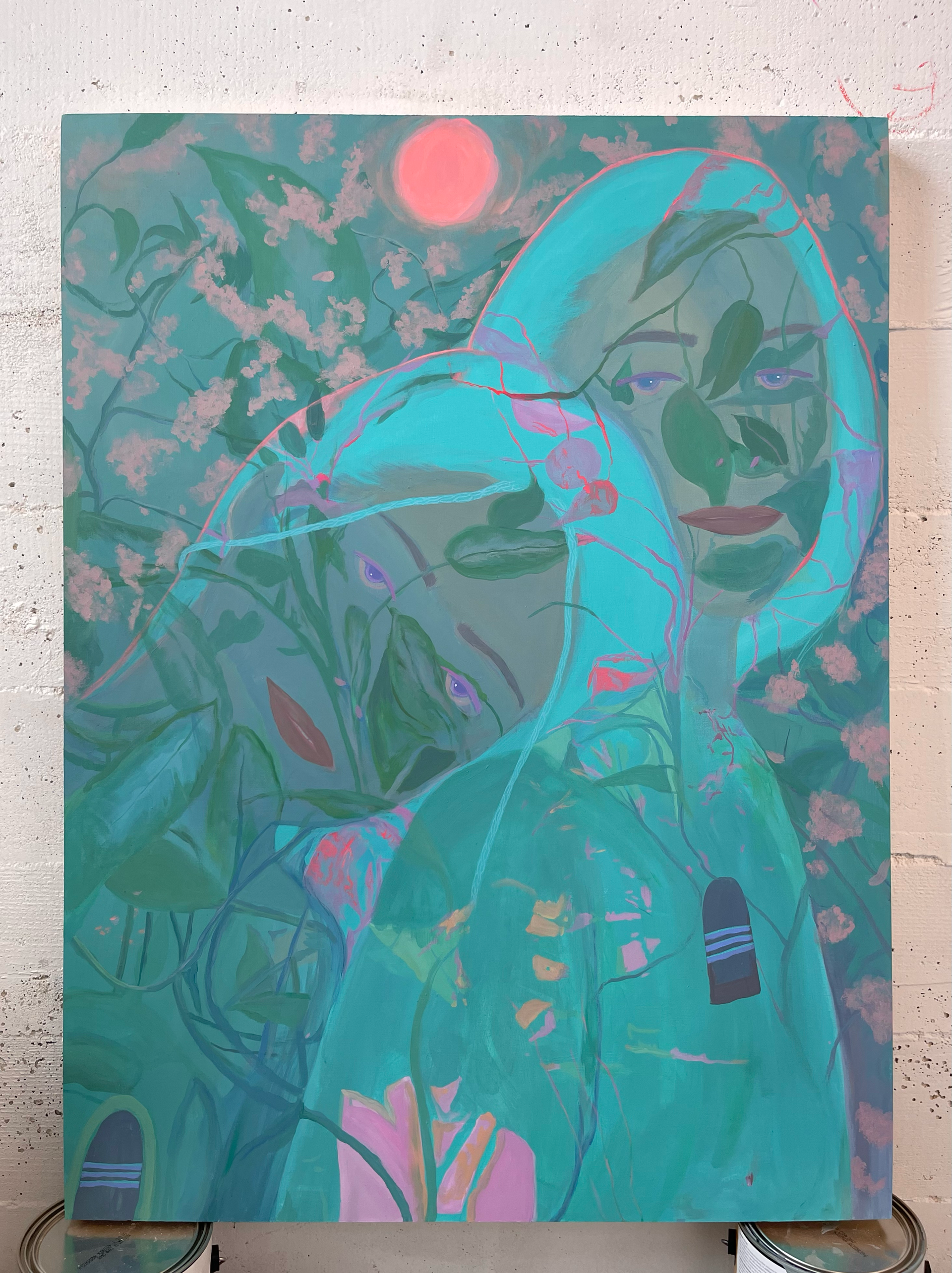 Abstract teal painting  by Emily Wise of two hooded figures, with a pink sun, in a garden setting.